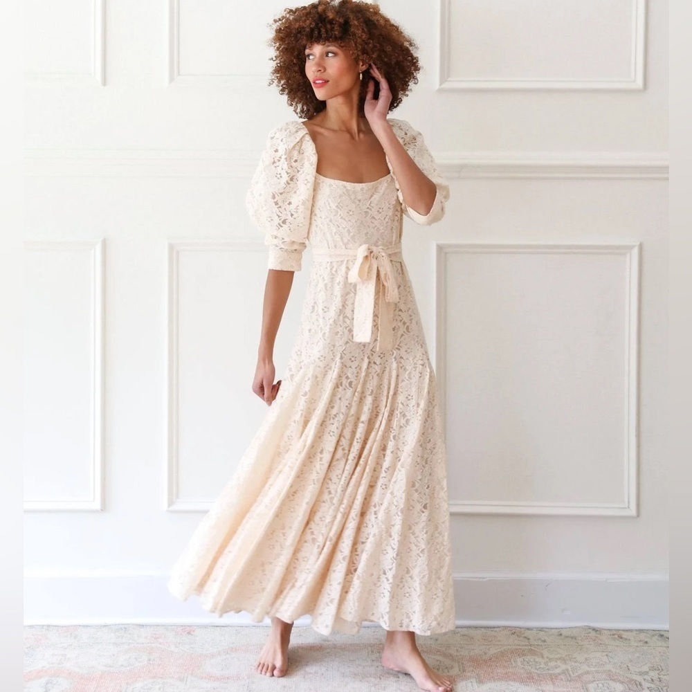 Anthropologie Cream Lace Maxi Dress with Puff Sleeves - Picture 15 of 16